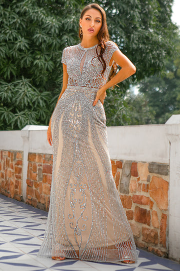 Mermaid Beaded Silver Prom Dress